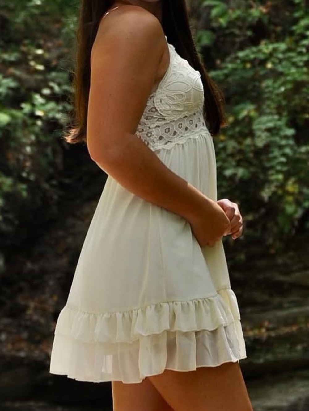 Off White Lace Bodice Ruffle Hem Dress